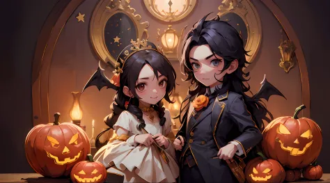(masterpiece), (((highest quality)), (hightly detailed), create a cute Halloween Illustration of two vampires in love, epic artw...