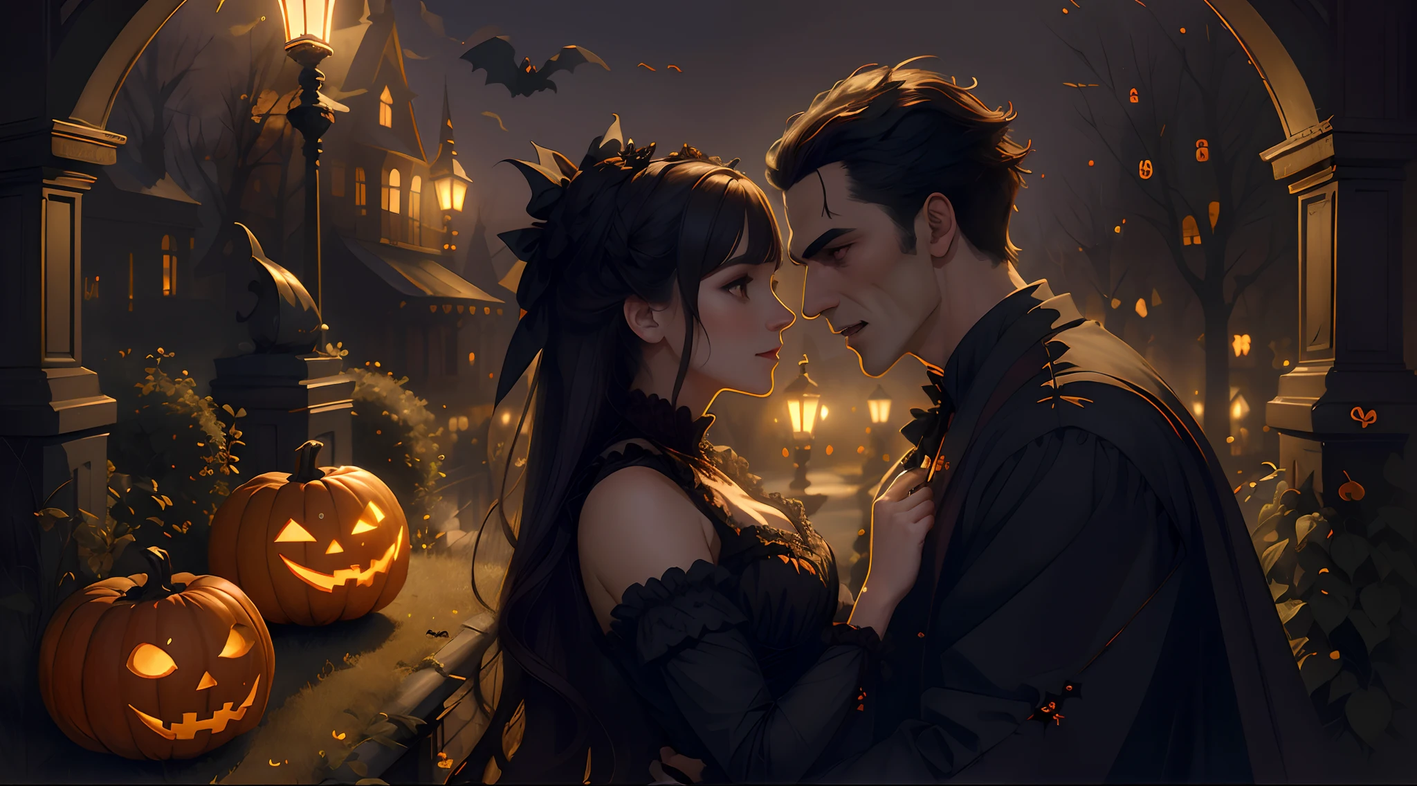 (masterpiece), (((highest quality)), (hightly detailed), create a cute Halloween Illustration of two vampires in love, epic artwork, high illumination, neo victorian, magical aura
