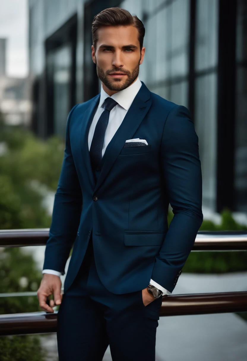 attractive 30 year old man in Hugo boss business suit , Belle barbe , Executive Sexy Man, Terno donc, Front camera focus, mode portrait, perfectly straight in front of the camera