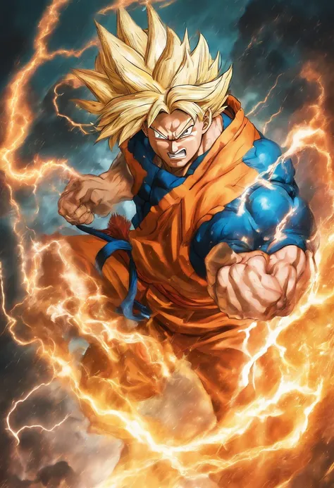 Realistic 3D rendering of Goku Super Saiyan fused Aquaman, surrounded ...