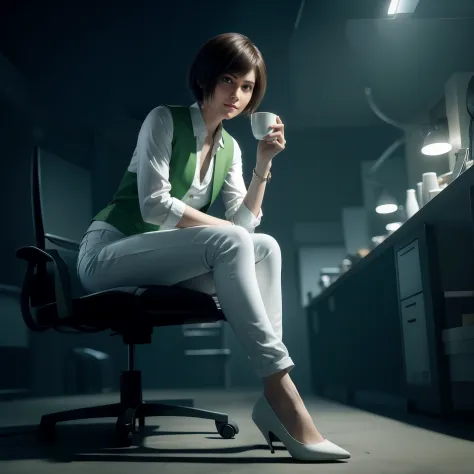 Best quality, short  hair, white jeans, beautiful face, shy expression, green vest