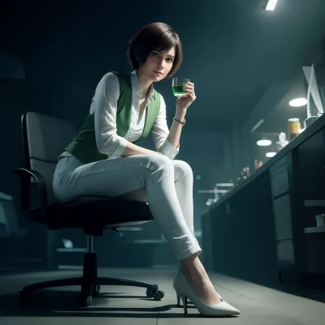 Best quality, short  hair, white jeans, beautiful face, shy expression, green vest