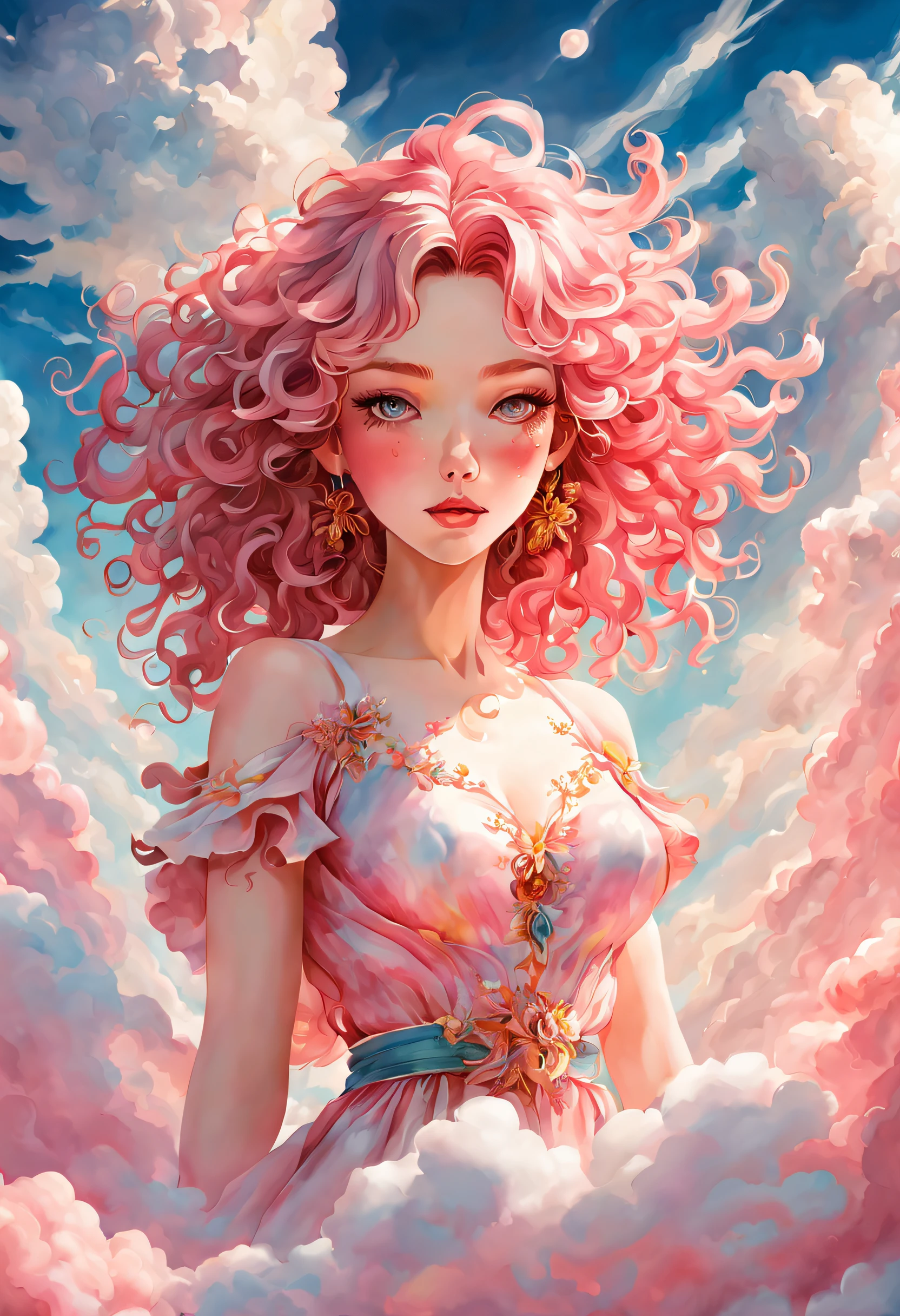 Create an illustration using the soft and ethereal qualities of watercolor. Beautiful pink skin anime model full body, sun-bathing on floating cloud along the suns surface, enticing eyes, curly hair dreamy, background thick clouds,, hyperdetailed, detailed, (masterpiece) . high fashion, luxurious, extravagant, stylish, sensual, opulent, elegance, stunning beauty, professional, high contrast, detailed,  Depict a dreamy, whimsical scene with elements that seem to merge with the background