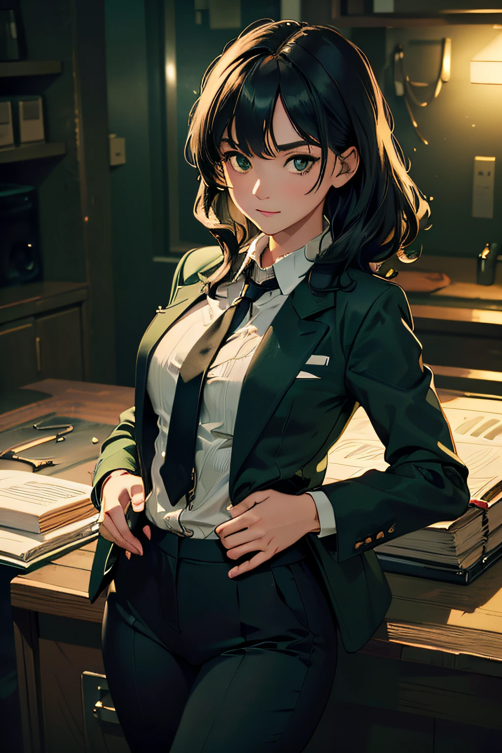 (masterpiece, best quality, hires, high resolution:1.2), (extremely detailed, realistic, intricate details, highres), 1girl, solo, black hair, Curly Fringe, dark eyes, light smile, green jacket, ((green tuxedo jacket, formal, black pants, white shirt, black necktie)), (small breasts, thick thighs, wide hips), lying on back, perpendicular to the camera, ((motel, motel entrance, motel entrance desk)), (cinematic lighting, volumetric, night), looking at viewer, facing viewer, shoulder-level shot, medium close-up shot,