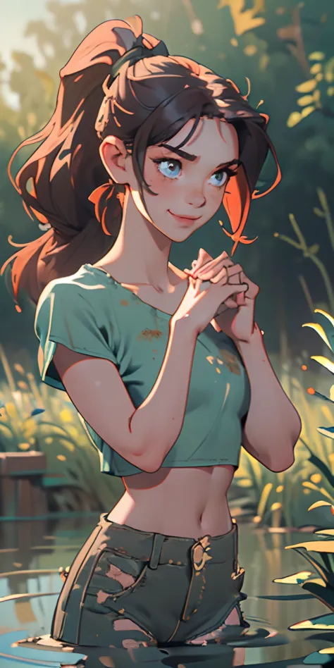 (masterpiece, best quality), 1girl, collarbone, wavy hair, ponytail, beautiful girl, slight smile, cropped shirt, midriff exposed, dirty clothes, ripped clothes, girl in the swamp, blurry background, adventurous, hot girl, bending over, hands in hair