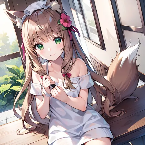 (Masterpiece, Best quality, high resolution), 1girll, Solo, Oversized fox tail，Long brown hair，Green eyes，Small flower headdress...