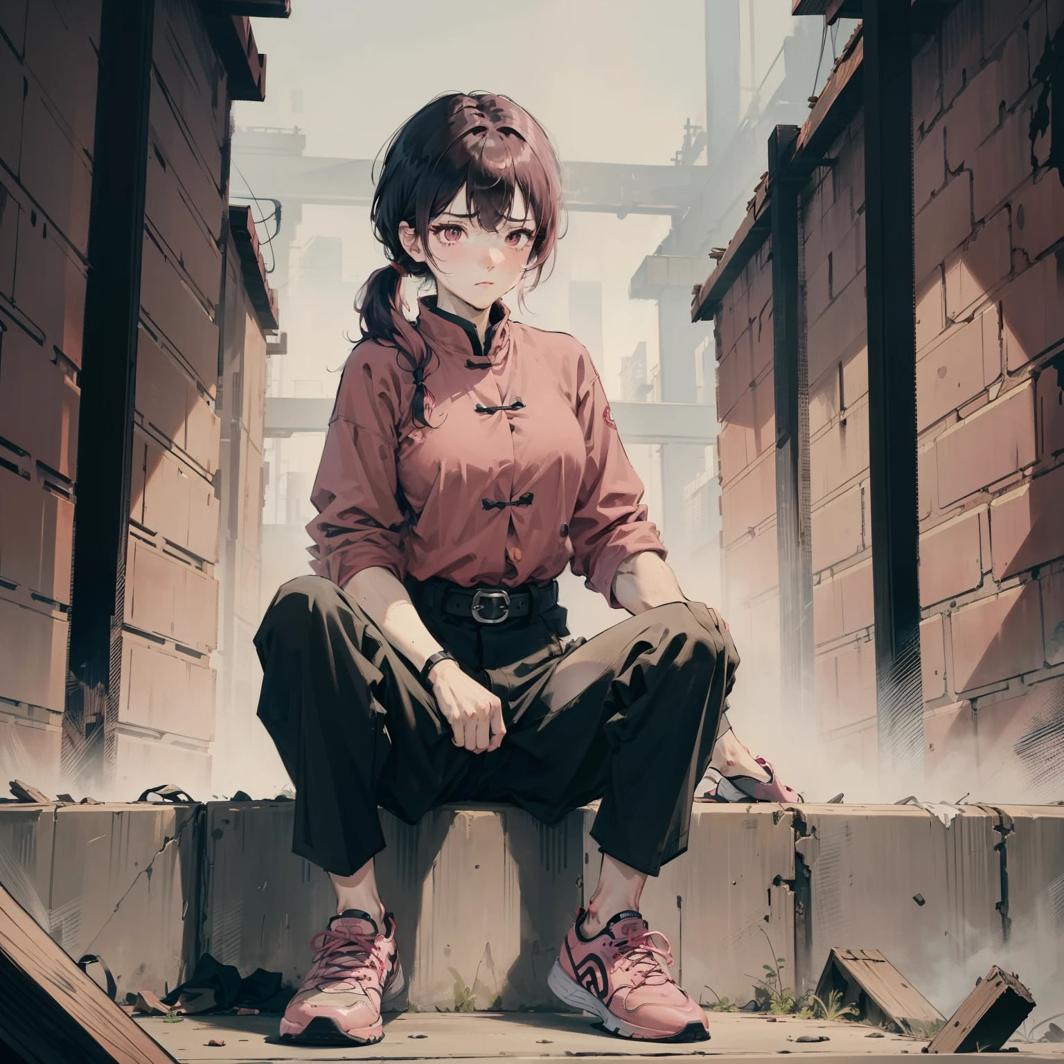 Muscle Girl, Defined body, Developed body, Kung Fu Fighter, red blouse，With buttons, Black trousers, Black belt at the waist, pointy hair, with short black hair (The ends of the hair have pink hair), Wrestling shoes, Tired look, Sitting on the burden of the old warehouse, Abandoned internal warehouses, medieval environment.