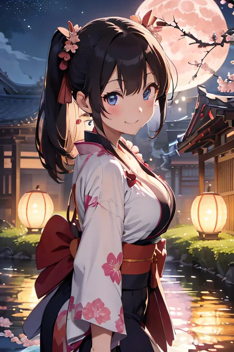 爆乳,Kimono with cleavage visible,Blue eyes,Smiling smile,absurderes,hight resolution,ultra-detailliert,(Accurate and unparalleled illustrations:1.3),Brown hair,poneyTail,arms behind back,Red ruffled kimono:1.3,Pink ribbon:1.1,Illuminated cherry blossoms:1.3...