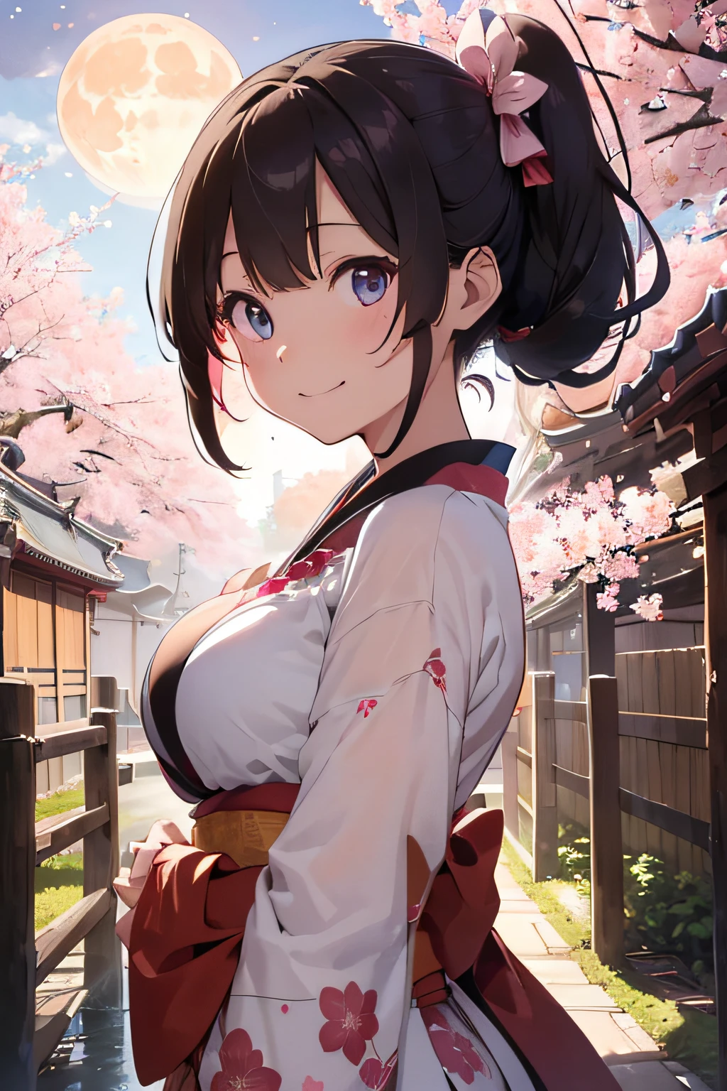 Big Tits,Kimono with cleavage visible,Blue eyes,Smiling smile,absurderes,hight resolution,Ultra-detail,(Accurate and unparalleled illustrations:1.3),Brown hair,poneyTail,arms behind back,Red ruffled kimono:1.3,Pink ribbon:1.1,Illuminated cherry blossoms:1.3,(temples:1.2),(fullmoon:1.3)