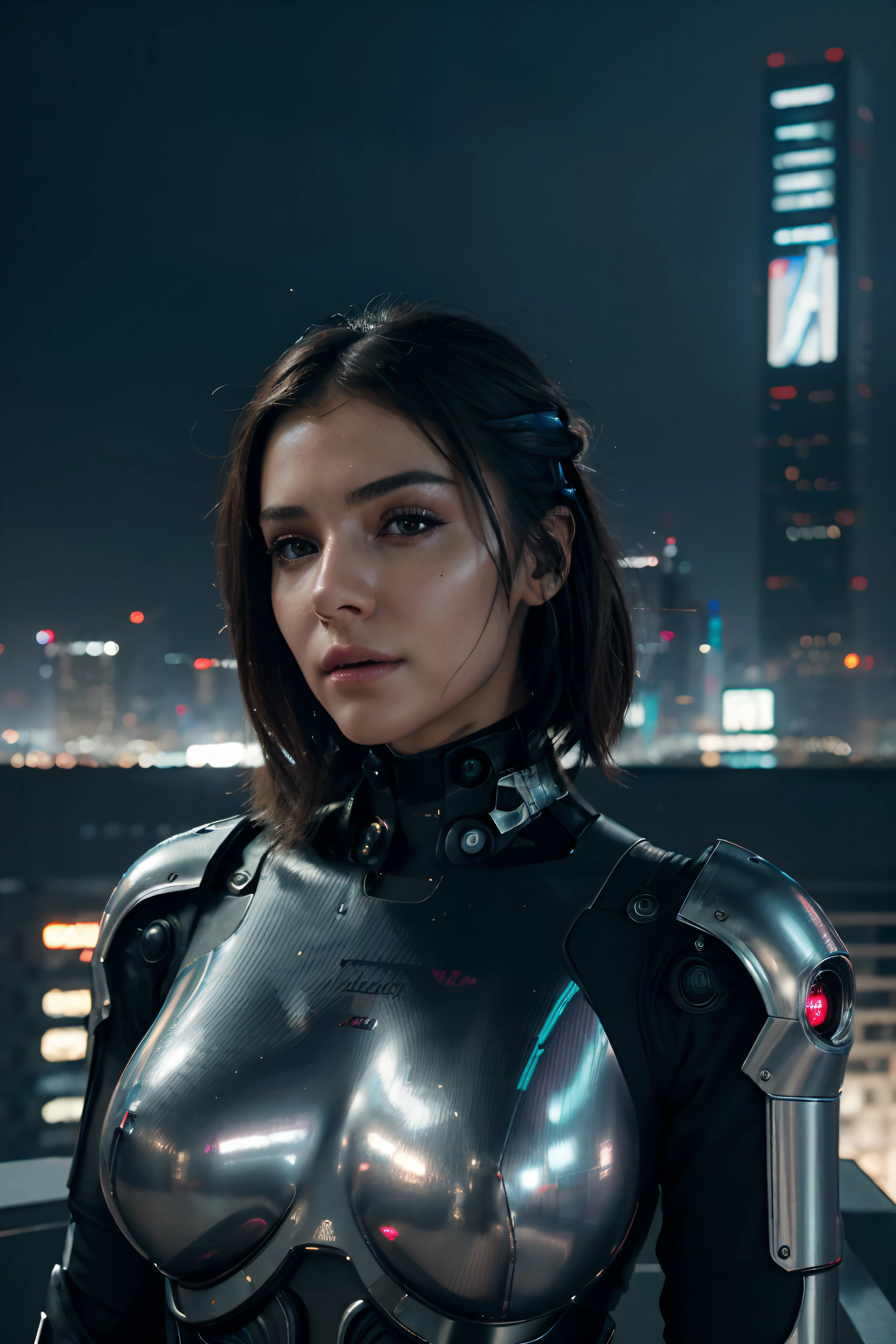 (best quality,4k,8k,highres,masterpiece:1.2),ultra-detailed, sophisticated facial features, robotic enhancements, sci-fi fashion, metallic texture, dynamic pose, futuristic cityscape, neon lights, cyberpunk aesthetic