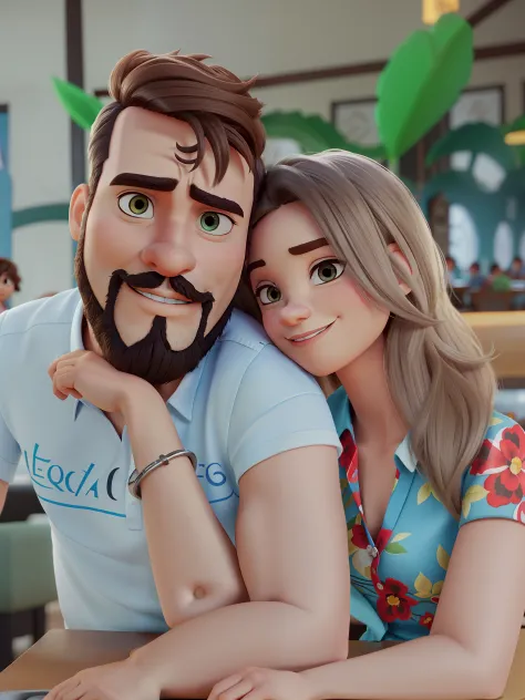 Um casal ao estilo da Pixar, alta qualidade, best quality, e homem de olhos castanhos com barba fechada, mulher baixa e com cabelos com mechas loiras, em um restaurante de luxo