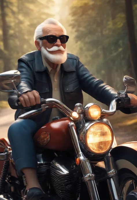 a Disney Pixar 3D style poster of an elderly man with glasses,  riding a Harley Davison 883 on a motorcycle ride