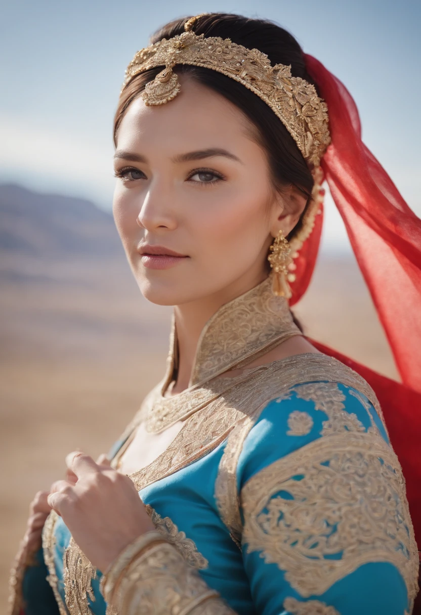 Hyperrealistische Totalaufnahme. Khutulun, Mongolische Prinzessin, heiratet einen Mann, traditionelle mongolische Kleidung, Weite Steppenkulisse, klarer blauer Himmel, freudige Feier, komplizierte Details, Kinoqualität, --v 5 --ar 16:9 --q 1