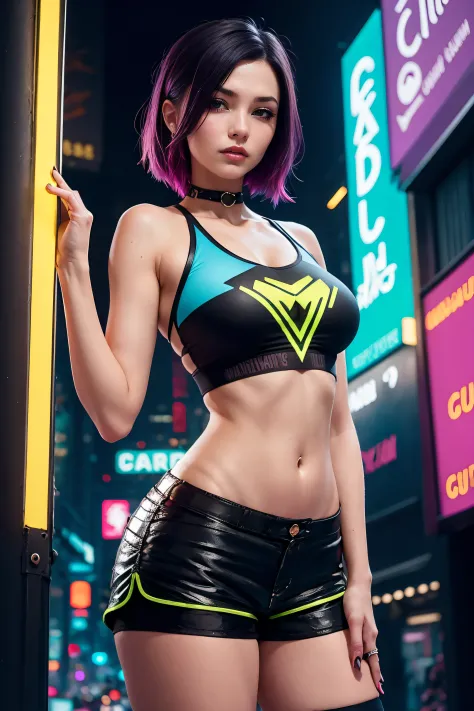 there is a woman standing with a rainbow light, 3 d neon art of a womans body, neon-noir background, cyberpunk femme fatale, sed...