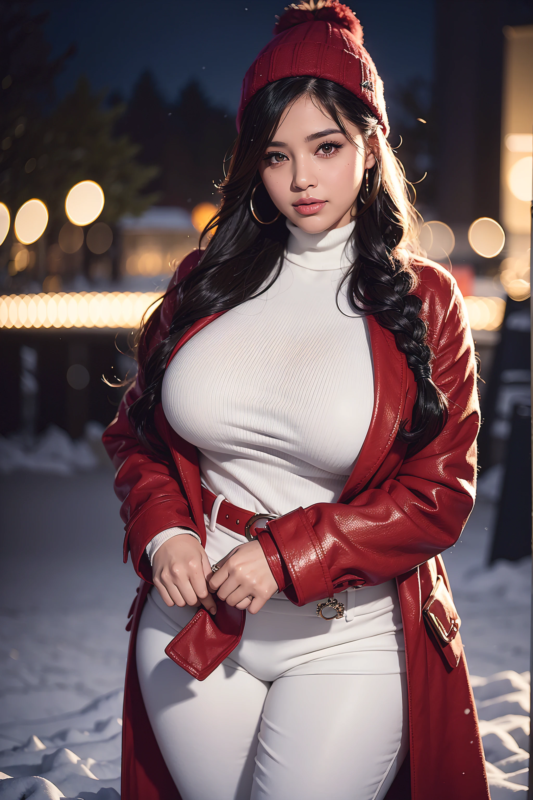 Beautiful sensual woman with a curvy body, long hair, bangs, french braid, widest waist, fitting breasts, curvy accentuated booty, sparkling eyes, long eyelashes, thick thighs, Strong calves, smirk, taniaayusiregar, She wears a red wool Coat, black Pullover, white trousers, belt, beanie, she is in a dark low lit Park, evening in Winter, snowy, photorealistic, Masterpiece, bokeh, Volumetric lighting, winter season atmosphere, close up shot