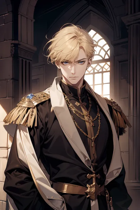 1 male, adult, blond hair with bangs, prince, black clothes, handsome, calm, beautiful, condescending, lean body, in a castle, medieval fantasy