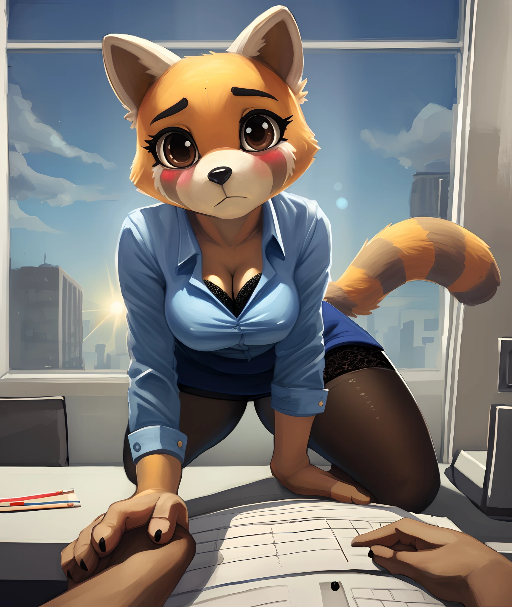 [retsuko], [aggretsuko], [Uploaded to e621.net; (Pixelsketcher), (wamudraws)], ((masterpiece)), ((HD)), ((solo portrait)), ((POV)), ((front view)), ((feet visible)), ((furry; anthro)), ((detailed fur)), ((detailed shading)), ((beautiful render art)), ((intricate details)), {anthro; orange fur, black nose, small brown eyebrows, cute brown eyes, (short eyelashes), raccoon tail, (gorgeous hips), (beautiful legs), (beautiful feet), (sweating), (blushing), (nervous frown)}, {(office woman), (white button-up shirt), (nipple outline), (black lace bra), (cleavage), (nipple outline), (short blue pencil skirt), (opaque pantyhose), (upskirt blue thong)}, {(on desk), (on knees), (all fours), (grinding), (sitting on viewer's ), (looking up at viewer)}, [background; (cubicles), (white walls), (window), (blue sky), (sun rays)]