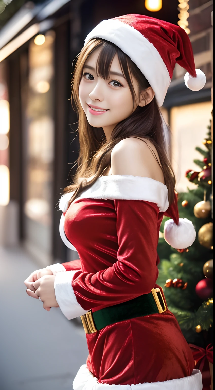 tre anatomically correct,Masterpiece of,High image quality,(Cute Santa Claus costumes:1.5),(The material of the costume is fine velvet:1.4),(Emphasizes the fluffiness of the white part of the costume:1.4),20 years old, Japan Female, (Random posture:1.4),Professional Lighting,((Japan hair)),((Natural smile)),The ultra-detailliert、High quality textures、intricate detailes、detaileds、Very detailed CG、High quality shadows、Detail Beautiful delicate face、Detail Beautiful delicate eyes、depth of fields、Ray traching,1girl in, japanaese girl, Fashion Model, slender,Warm atmosphere,Outdoors with a Christmas atmosphere