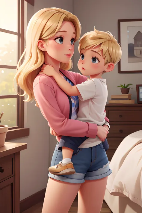 "Mom kissing her little boy on the lips", blonde hair, Mother is seen wearing skirt, Little boy is seen wearing shorts, master part, Realistic, high resolution, alta qualidade, extremely high quality, best quality, Ultra Detalhado, extremamente detalhado,