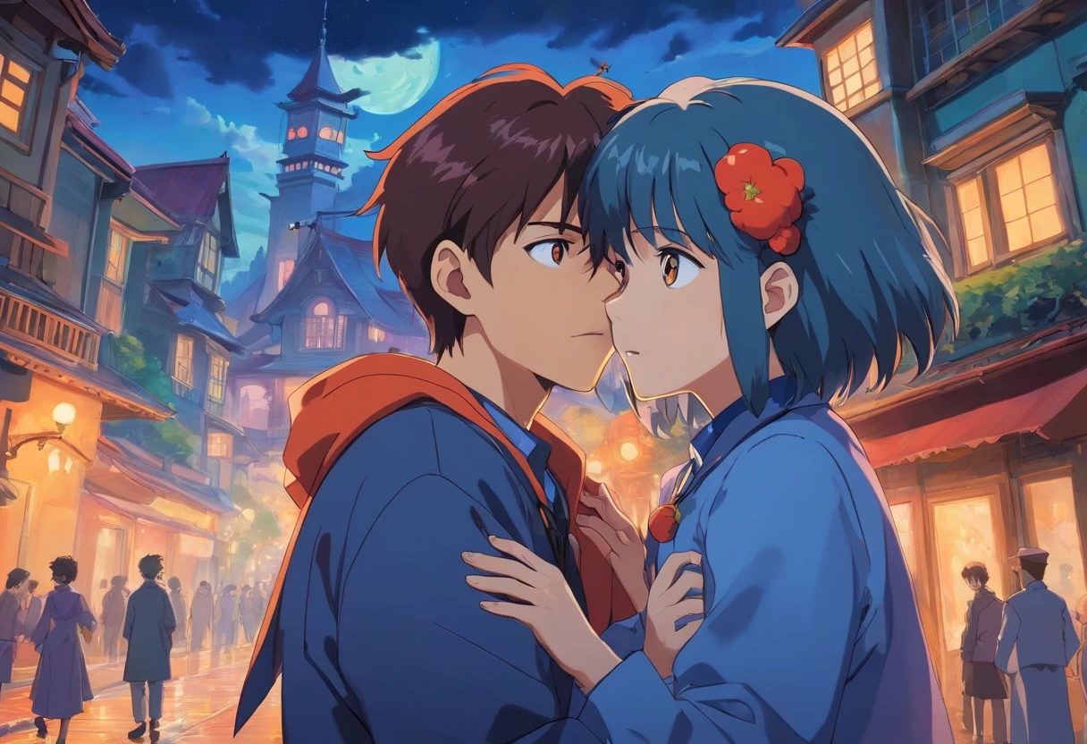 A couple of anime characters kissing in a city street - SeaArt AI