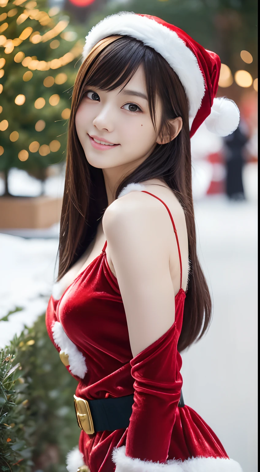 tre anatomically correct,Masterpiece of,High image quality,(Cute Santa Claus costumes:1.5),(The material of the costume is fine velvet:1.4),(The white fur part of the costume is mink., Accentuate the fluffiness:1.4),15 years old, Japan Female, (Random posture:1.4),(Hug a cute deformed stuffed reindeer:1.4),Professional Lighting,((Japan Hair Smooth Straight Hair)),((Natural smile)),The ultra-detailliert、High quality textures、intricate detailes、detaileds、Very detailed CG、High quality shadows、Detail Beautiful delicate face、Detail Beautiful delicate eyes、depth of fields、Ray traching,1girl in, japanaese girl, Fashion Model, slender,Warm atmosphere,Outdoors with a Christmas atmosphere,