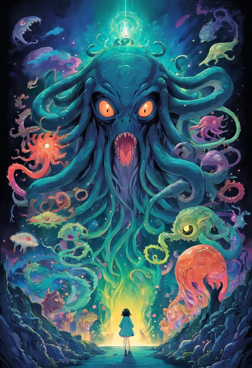 POSTER ART, Explore the Lovecraftian horror genre with an illustration of Body that conveys the otherworldly and cosmic dread often associated with the works of H.P. Lovecraft. text, logos, modern art, pop art, black background