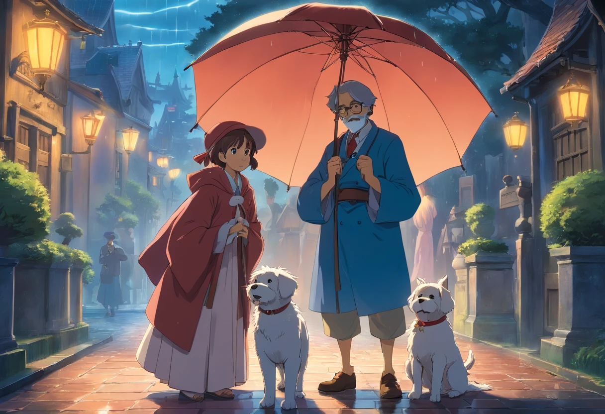 Anime characters standing under an umbrella with their dogs - SeaArt AI