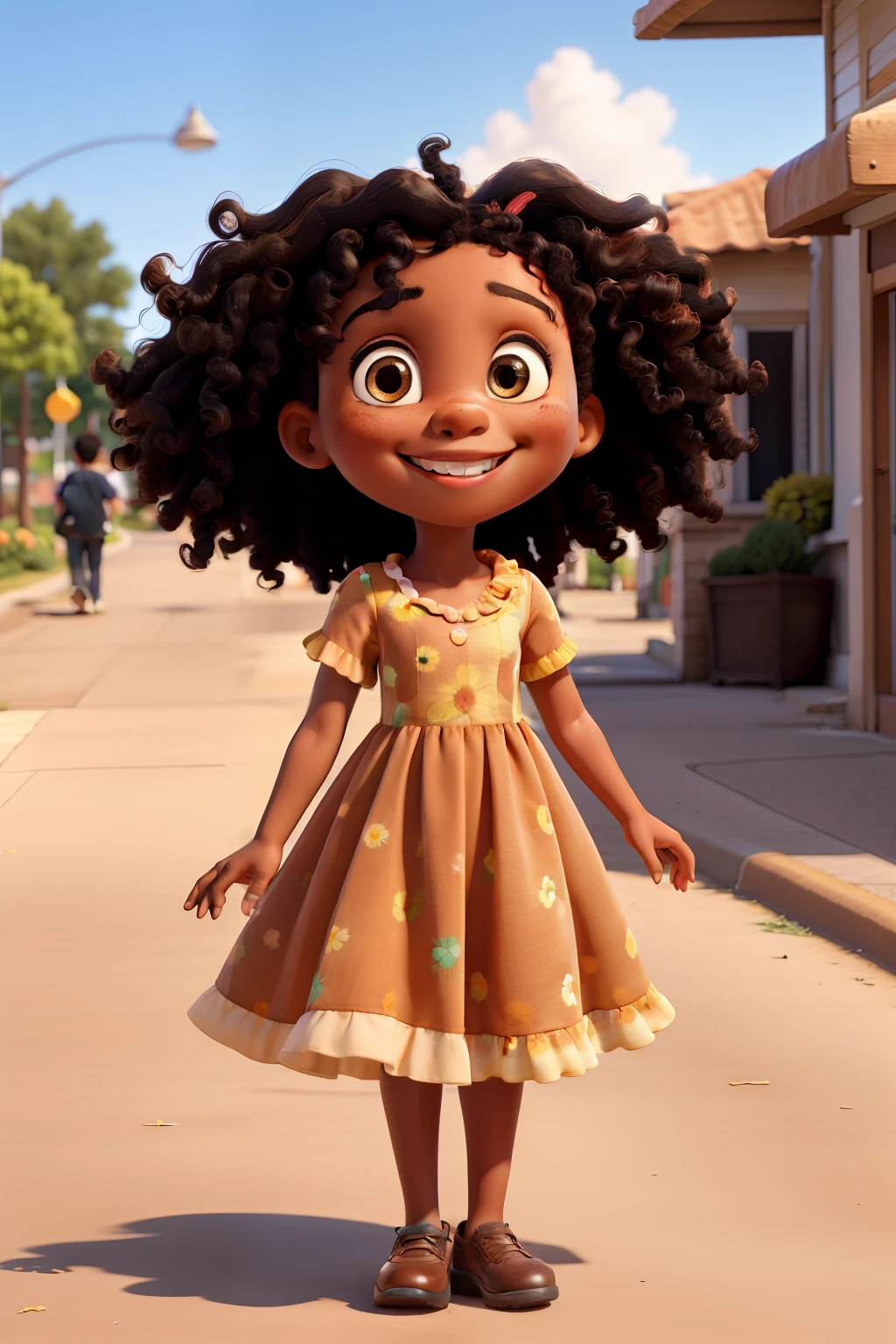 a 6 year old black girl, caramel eyes, curly hair, flowery dress, playing smiling in the street on a bright sunny day, soft colors, Disney style, good quality