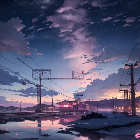 at late night, No one, Empty table, The windows take up half of the picture, Anime scenes under pink and dark purple sky outside the window, anime paintings by Makoto Shinkai, Pop Trends on Pixiv, magical realism, beautiful anime scenes, cosmic skies. mako...