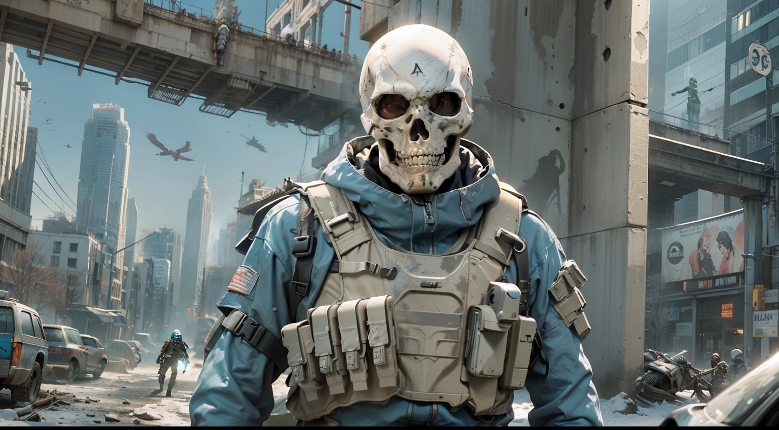 Squelette en tenue tactique dans une ville post-apocalyptique, Dans le  style du roman graphique, Une couleur, Robert Kirkman, Rendu en perspective  - SeaArt AI