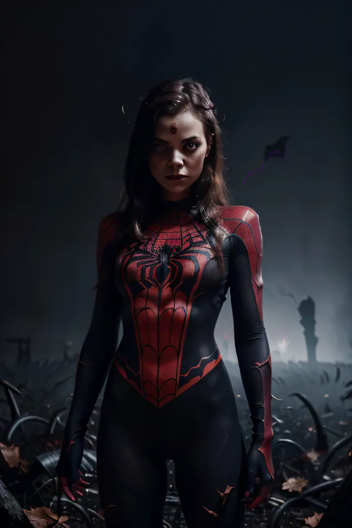 a girl in a Spiderman suit, without a mask, in Halloween mode,illustration,ultra-detailed,highres,(brightly colored,vibrant colors),(spooky,creepy,haunting) atmosphere,(sinister shadows,dramatic lighting),twisted landscape,fallen leaves,spider webs,bats,fo...