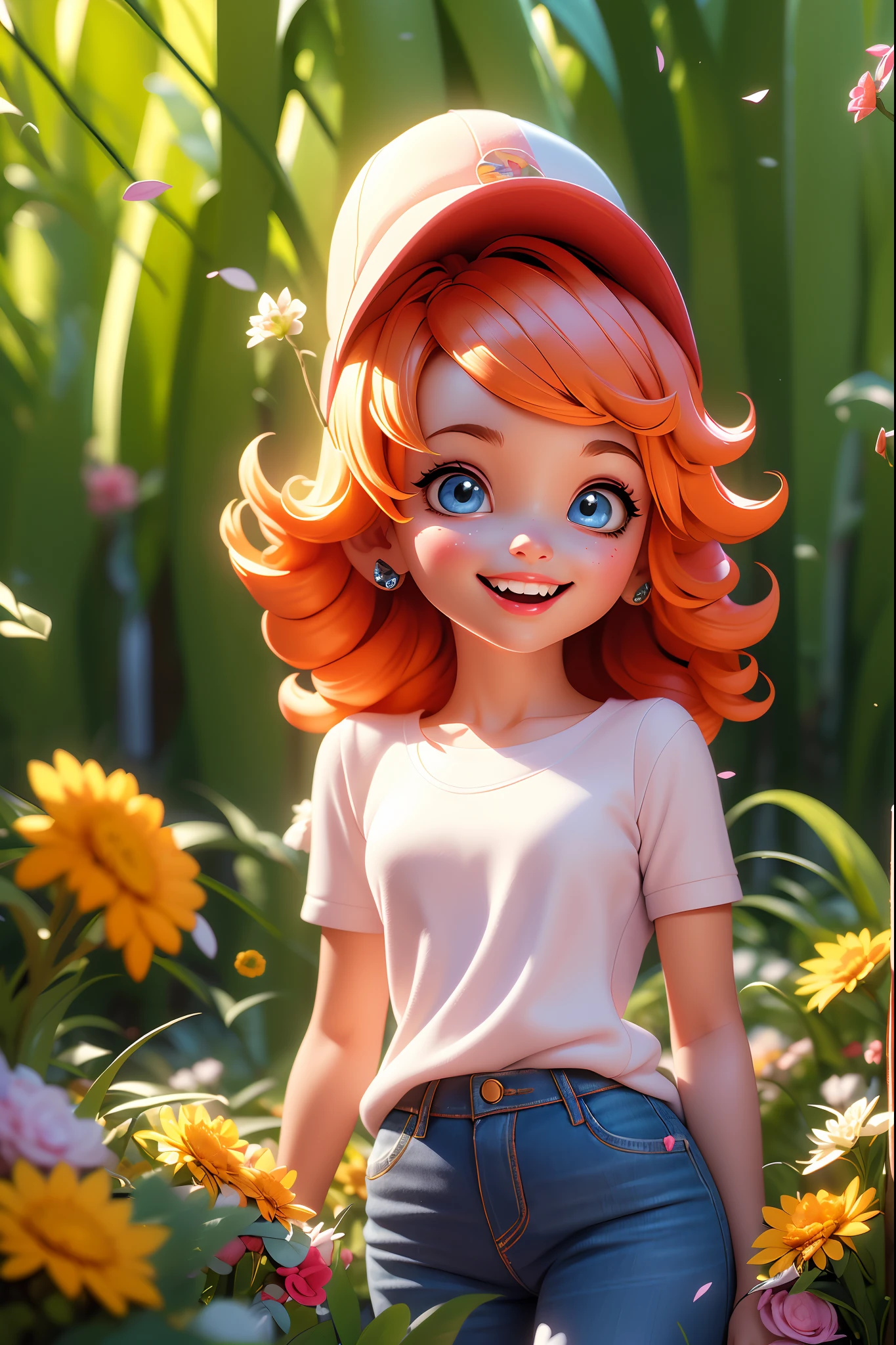 (playful, cartoon, girl, outdoor, 3d rendering), (best quality, 4k, 8k, highres, masterpiece:1.2), ultra-detailed, (realistic, photorealistic, photo-realistic:1.37), vivid colors, vibrant atmosphere, joyful expression, dynamic pose, playful interaction, sunny day, lush greenery, vibrant flowers, creative outfit, whimsical elements, professional 3D rendering, imaginative scenery, charming environment, captivating background, expressive eyes, cheerful smile, soft lighting