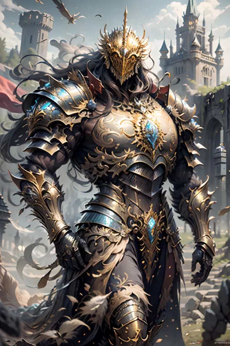 a golden-armored warrior, masterpiece, best quality, 8k, blurred background, medieval fantasy castle in the background