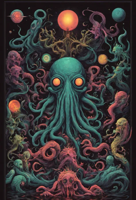 POSTER ART, Explore the Lovecraftian horror genre with an illustration that conveys the otherworldly and cosmic dread often associated with the works of H.P. Lovecraft. text, logos, modern art, pop art, black background