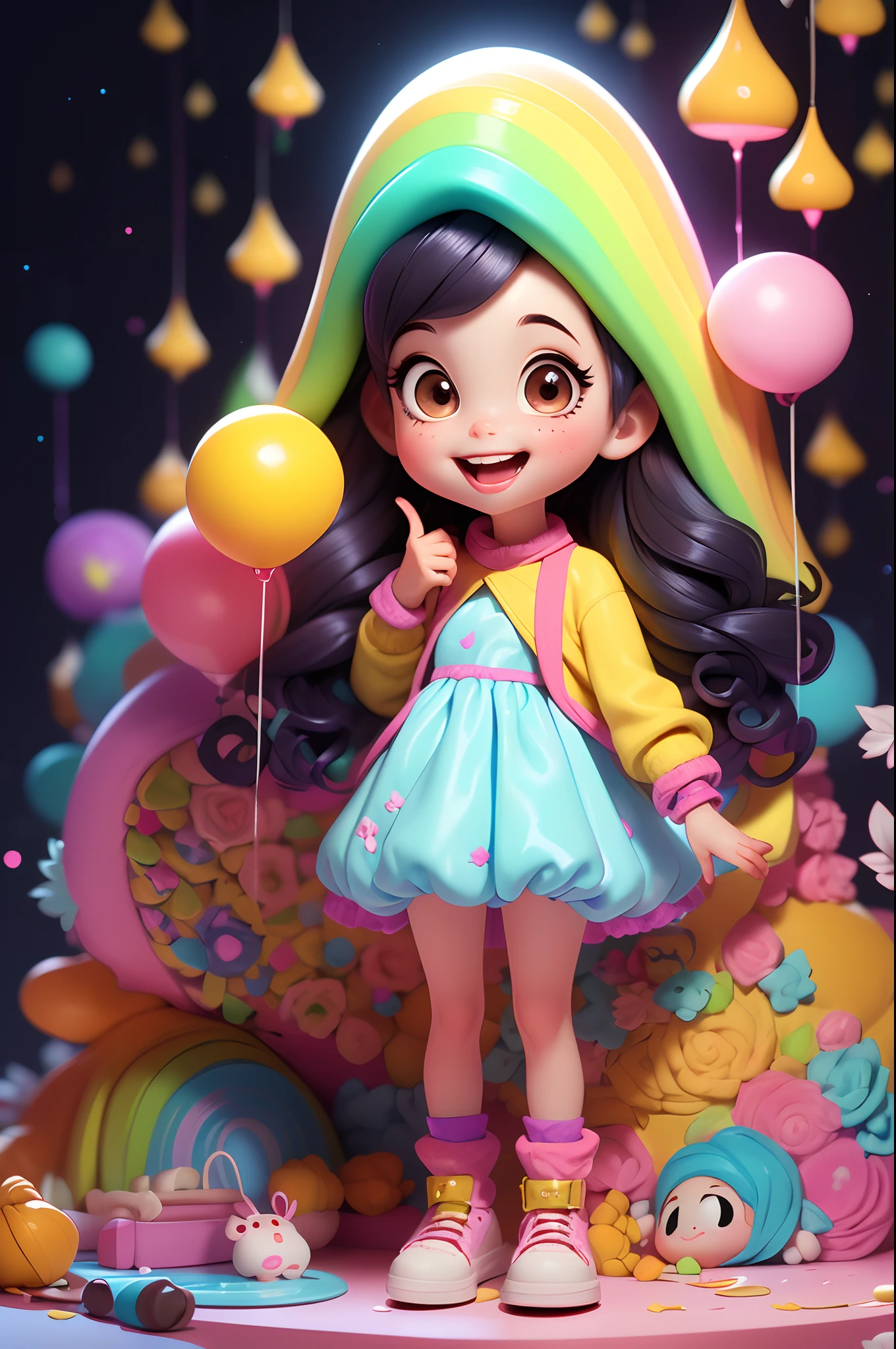 (Child character:1.2), (Colorful personality:1.3), Meet Lily, a cheerful little girl with a vibrant personality and a unique twist – her hair shimmers in all the colors of the rainbow. Her warm brown eyes radiate curiosity and kindness, making her a truly endearing character with a captivating appearance.