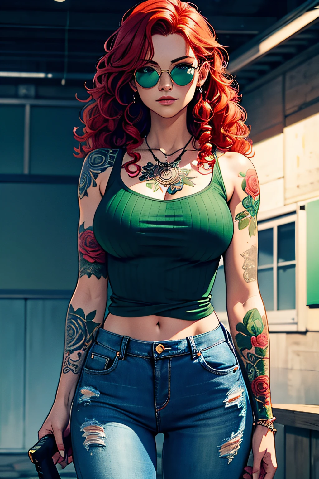 Red Head Girl with curly hair and tattoos of roses in shoulders and forearms, wearing blue top and jeans, sunglasses, carrying a katana. She has one eye of each color: Green on The light, blue on The left. Witch/Celtic wearstyle, in Brazil. The scene should be in Cinematic's distinctive real life style, focusing on the characters' expressions, colors naturals and detailed textures characteristic of the animations.