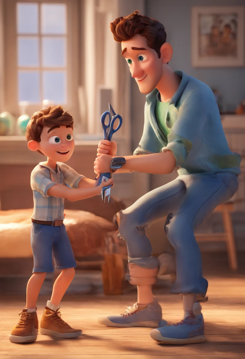 Estilo Pixar The Grown Man Is Holding A Naked Blue Eyed Boy And In His Other Hand He Is Holding