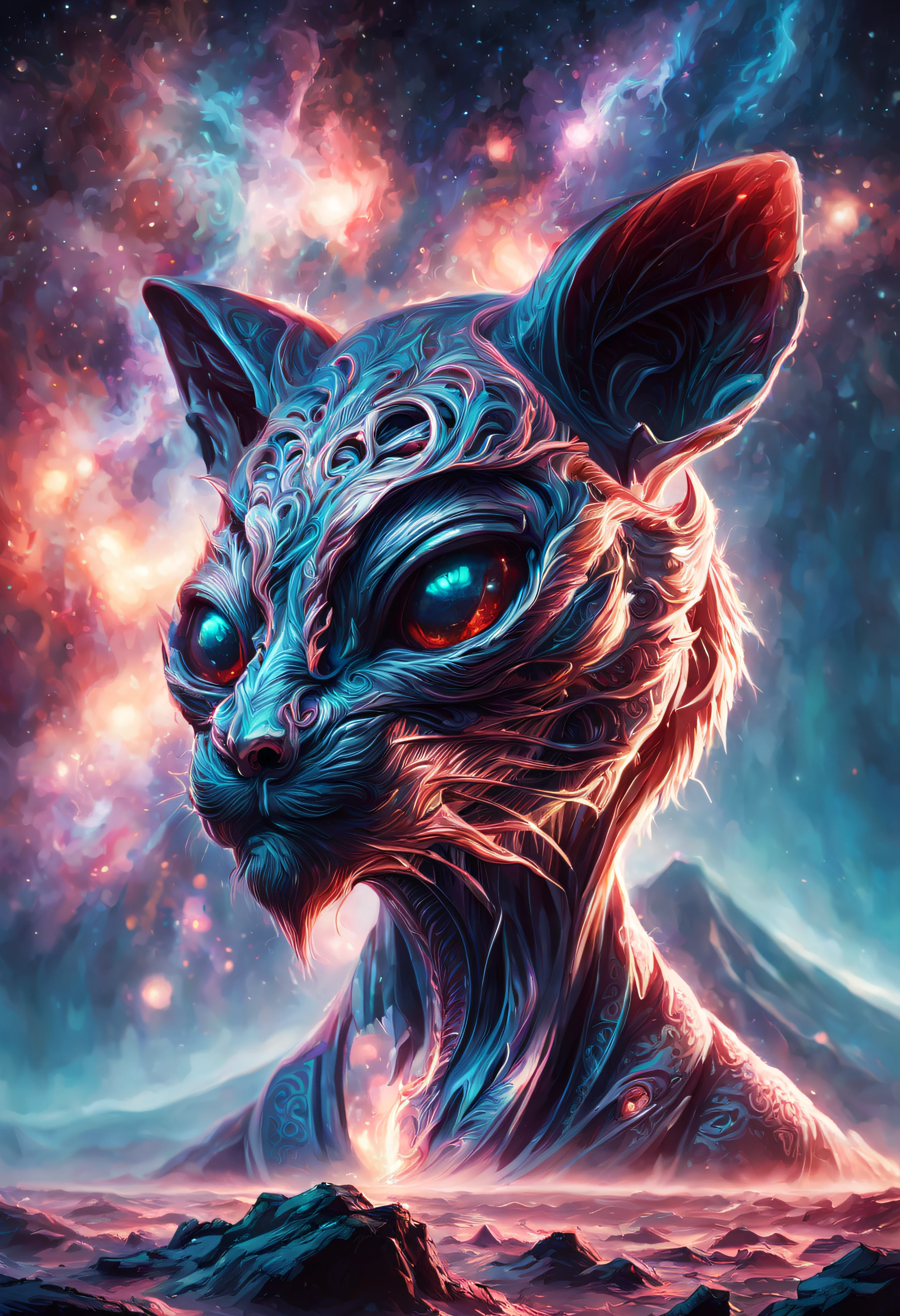 art by Marek Okon and dan mumford,  Yarn model of a large Brother, the Brother is Luminous, Samurai, elegant, Cryptidcore, anaglyph filter, alienz too