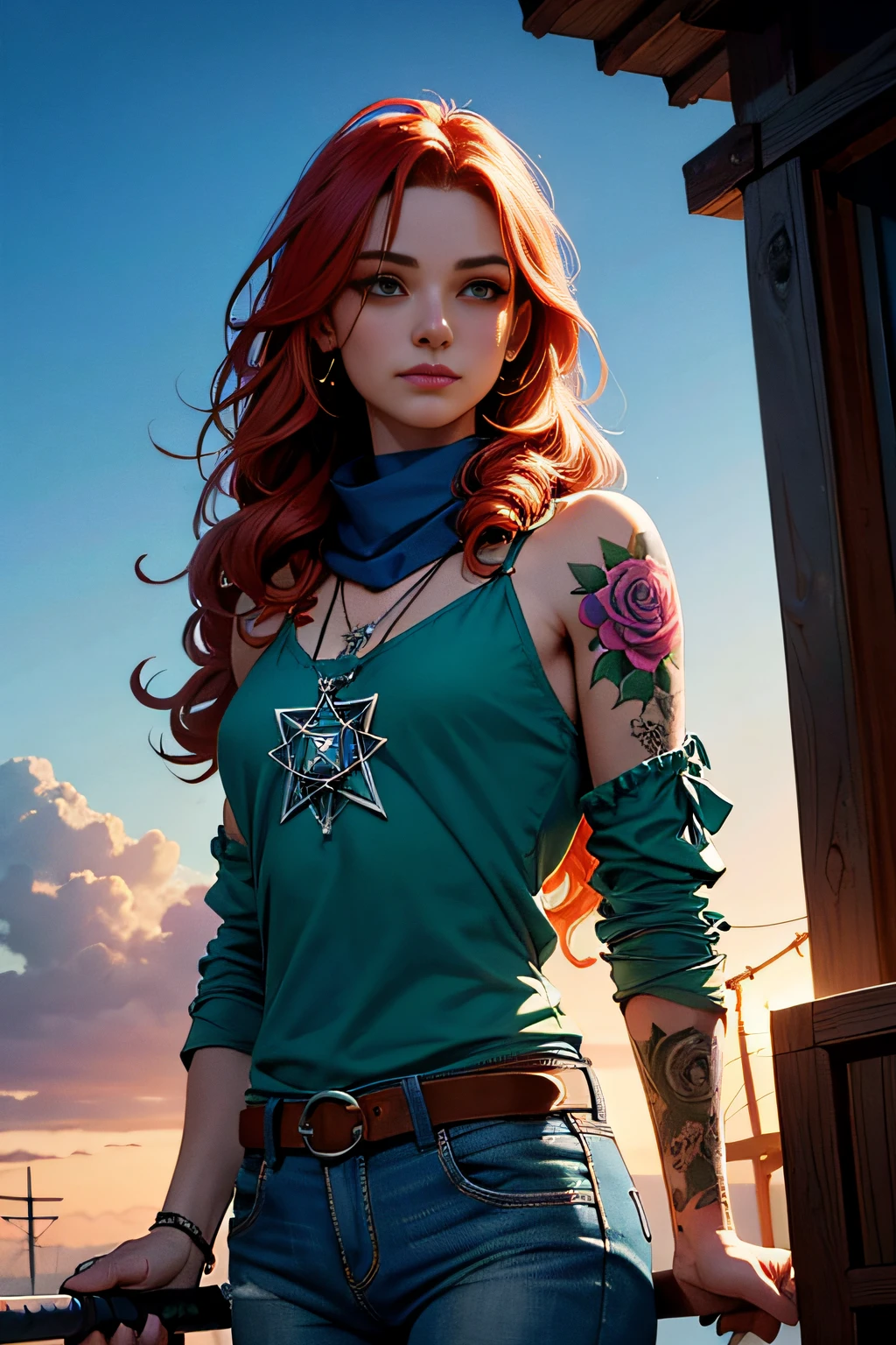 absurdness quality. natural  lightting. hyper- realism. Fantastic illustration. Redhead girl with long curly hair and rose tattoos on shoulders and forearms, wearing blue top and jeans, Scarf in the hair, pentagram pendant on neck, Carrying a katana. She has one eye of each color: Green the right, blue on the left. Witch style, heathen, Celta, In a devastated land, ao por do sol.