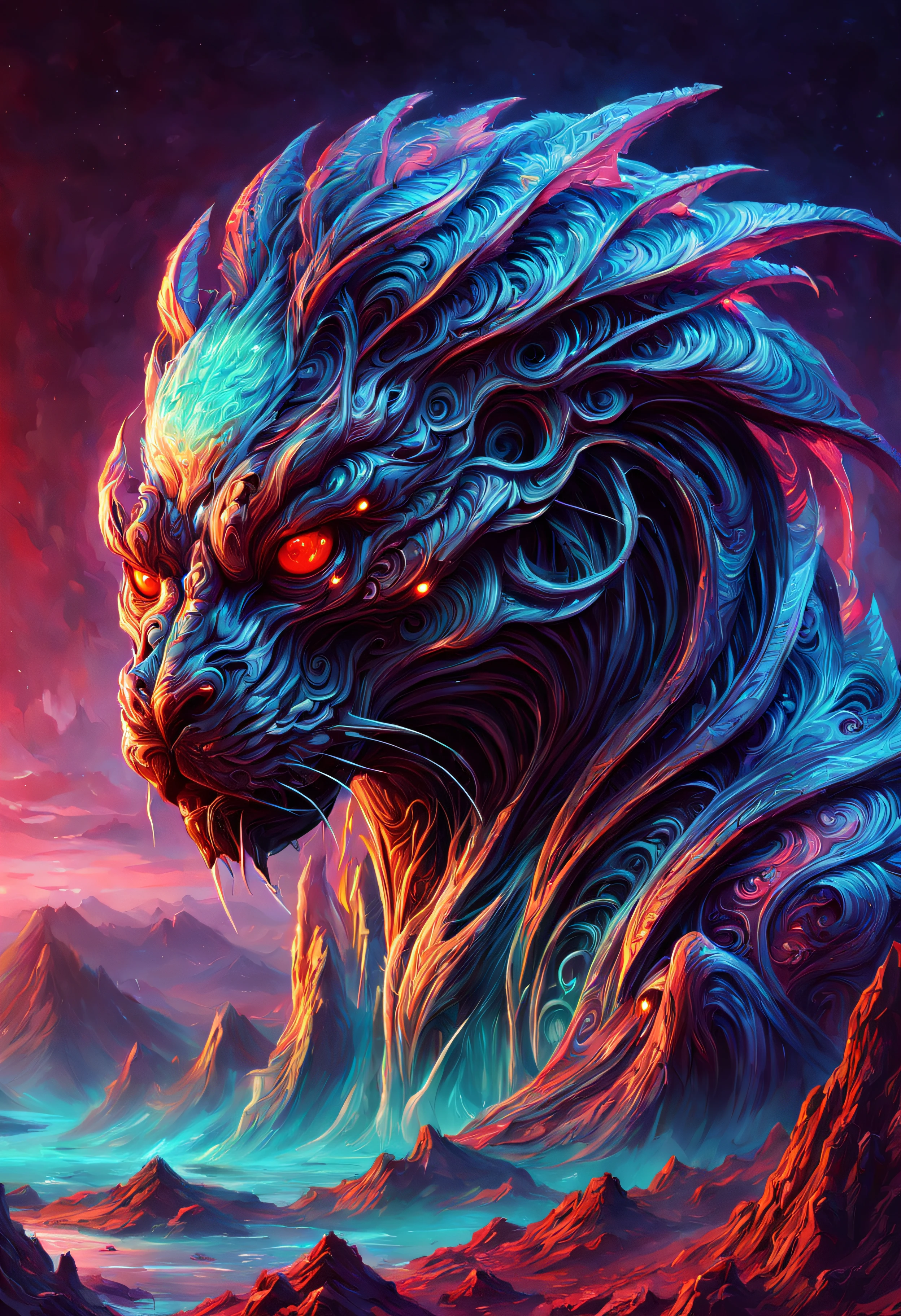 art by Marek Okon and dan mumford,  Yarn model of a large Brother, the Brother is Luminous, Samurai, elegant, Cryptidcore, anaglyph filter, alienz too