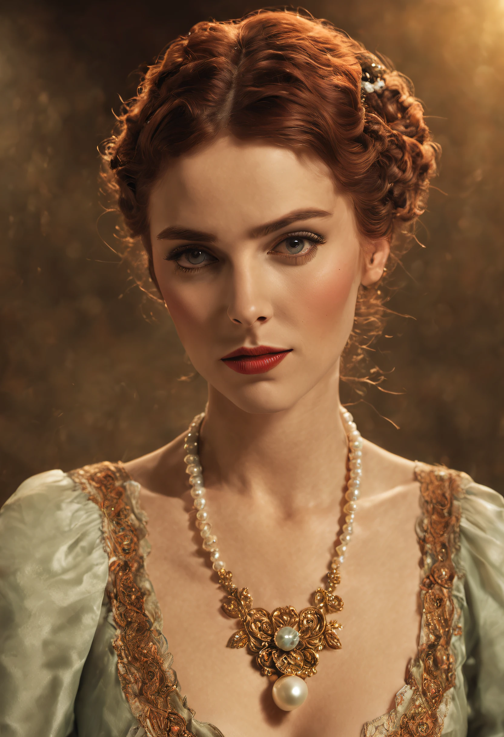 Arafed photo of a woman with a necklace and a pearl necklace, Colouring, Colouring, uma colorful photo, a beautiful victorian woman, Coloration 1 9 0 4 photo, inspired by Ada Gladys Killins, colorful photo, hand- (Staring at me:1.20), (Front view:1.40), (warm colours:1.15), Colouring, Colouring, inspired by White Oakley, lola dupre, 1 9 2 0 s cinematic hairstyle filmed in a movie scene, swirly vibrant colors, highy detailed, Presented at Cinemascope, creating a moody atmosphere. fancy, dramatic photo, dynamic photo, whole body view, Fundo highy detailed, ultra-realistic, 8k, (Realistic:1.3), posters, details Intricate, painting-like \(Craftsmanship\), (blackquality hair:1.15), (Climatic face:1.30), ((master part,best qualityer)), ((Cinematic light)), hyperealist, fearsome, fancy sombria (dark shot:1.17), epic realistic, sunfaded, ((Neutral Colors)), artistry, (HDR:1.5), (Muted colours:1.2), hyperdetailed, (Artee station:1.5), cinemactic, warm lights, dramatic light, (details Intricate:1.1), complex background, (Rutkowski:0.8), (teal and orange:0.4), Um retrato feminino de um hyperdetailed no estilo de um dementador de Harry