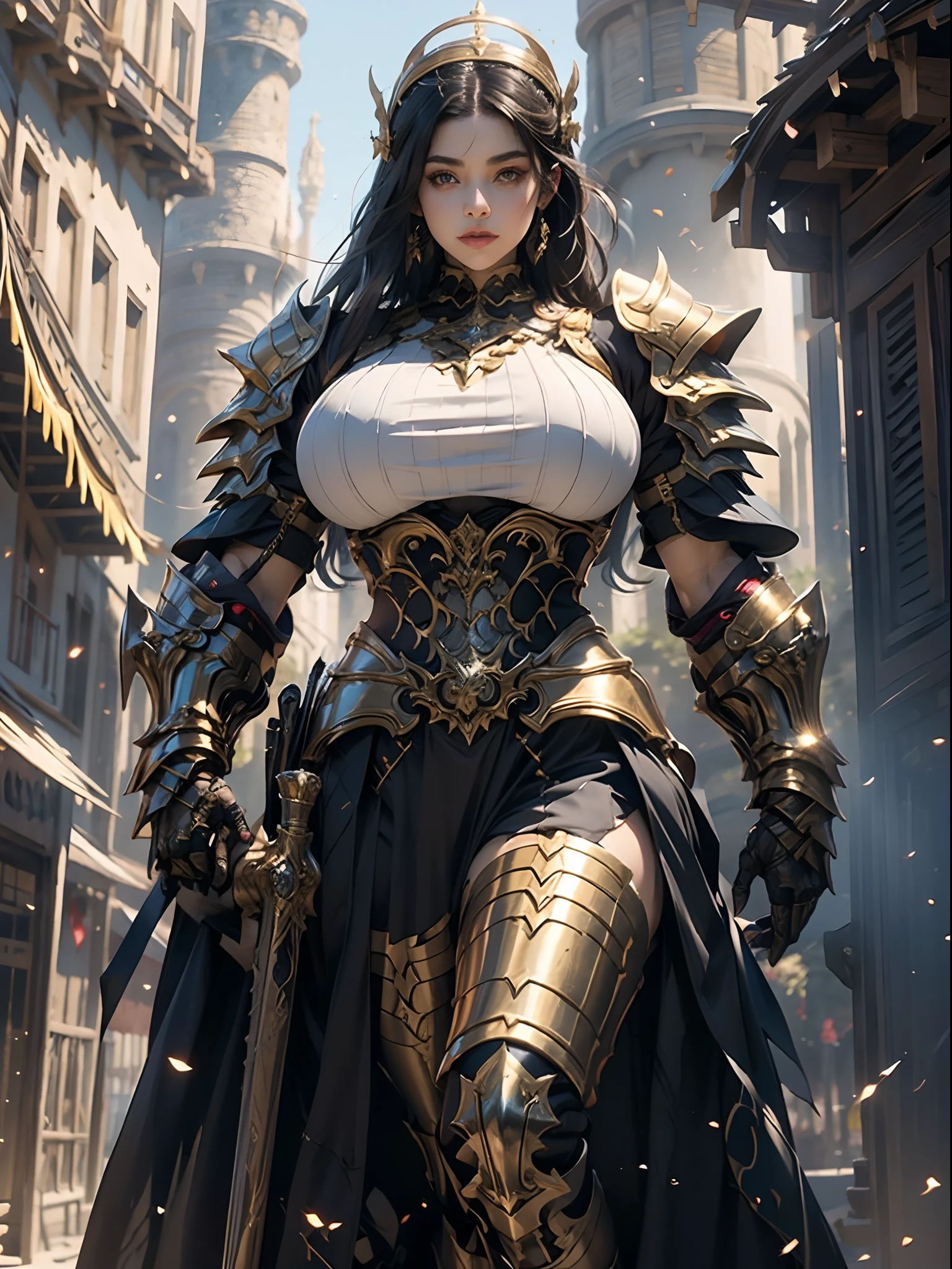 a beautiful golden-greek-armored warrioress, jet-black hair, muscular, huge and heavy breasts, looking at viewer, masterpiece, best quality, 8k, blurred background, medieval fantasy castle in the background