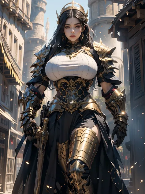 a beautiful golden-greek-armored warrioress, jet-black hair, muscular, huge and heavy breasts, looking at viewer, masterpiece, b...