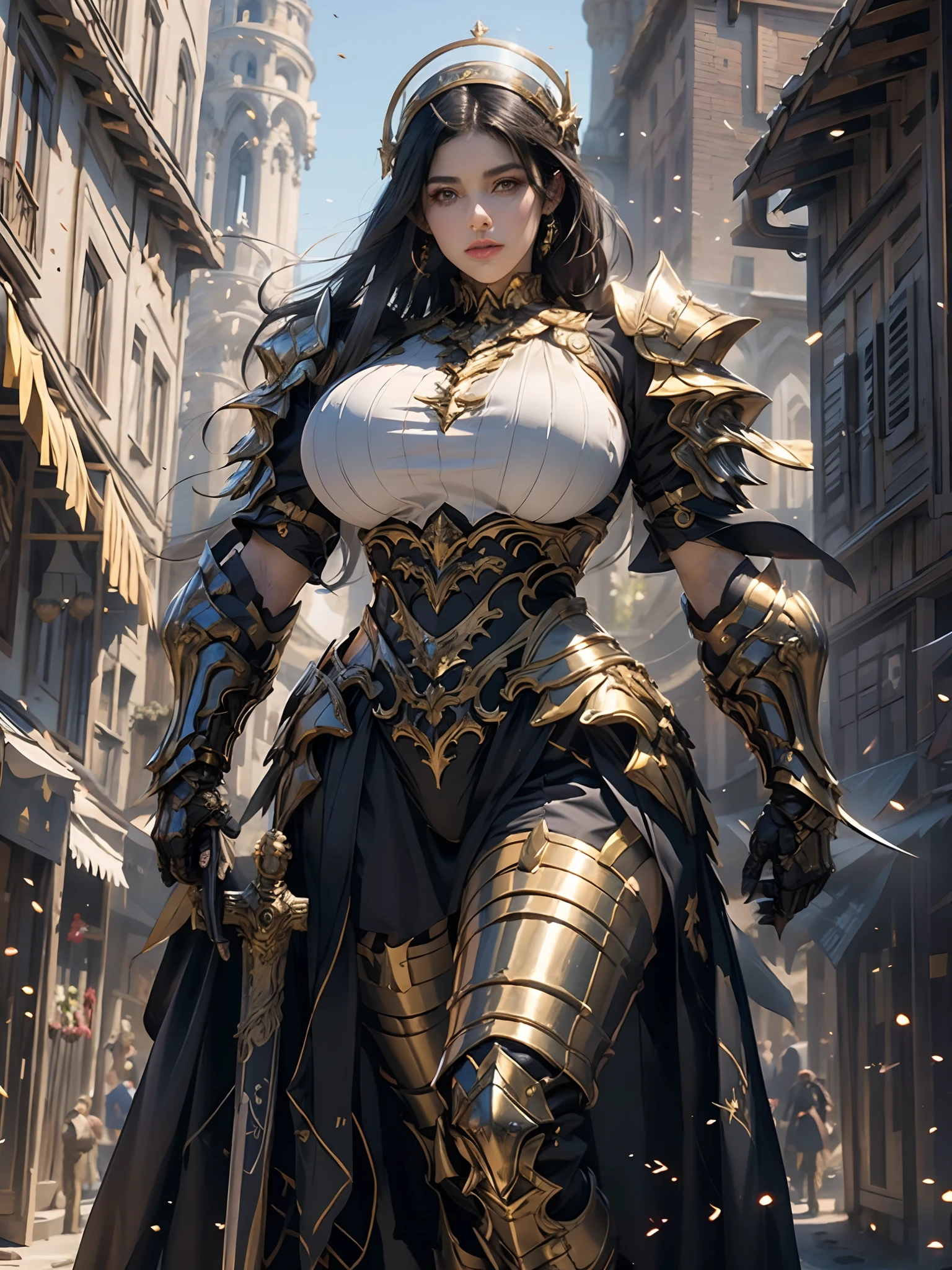 美しい黄金のギリシャの鎧を着た女性戦士, 真っ黒な髪, 筋肉質, 巨大で重い胸, 視聴者を見る, 傑作, 最高品質, 8k, ぼやけた背景, 背景にある中世のファンタジー城