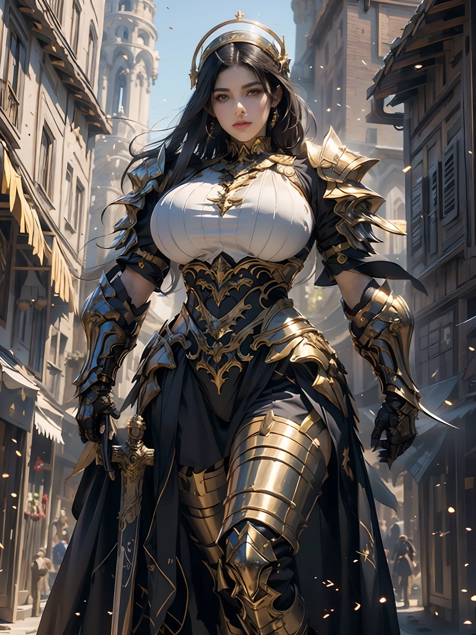 a beautiful golden-greek-armored warrioress, jet-black hair, muscular, huge and heavy breasts, looking at viewer, masterpiece, best quality, 8k, blurred background, medieval fantasy castle in the background