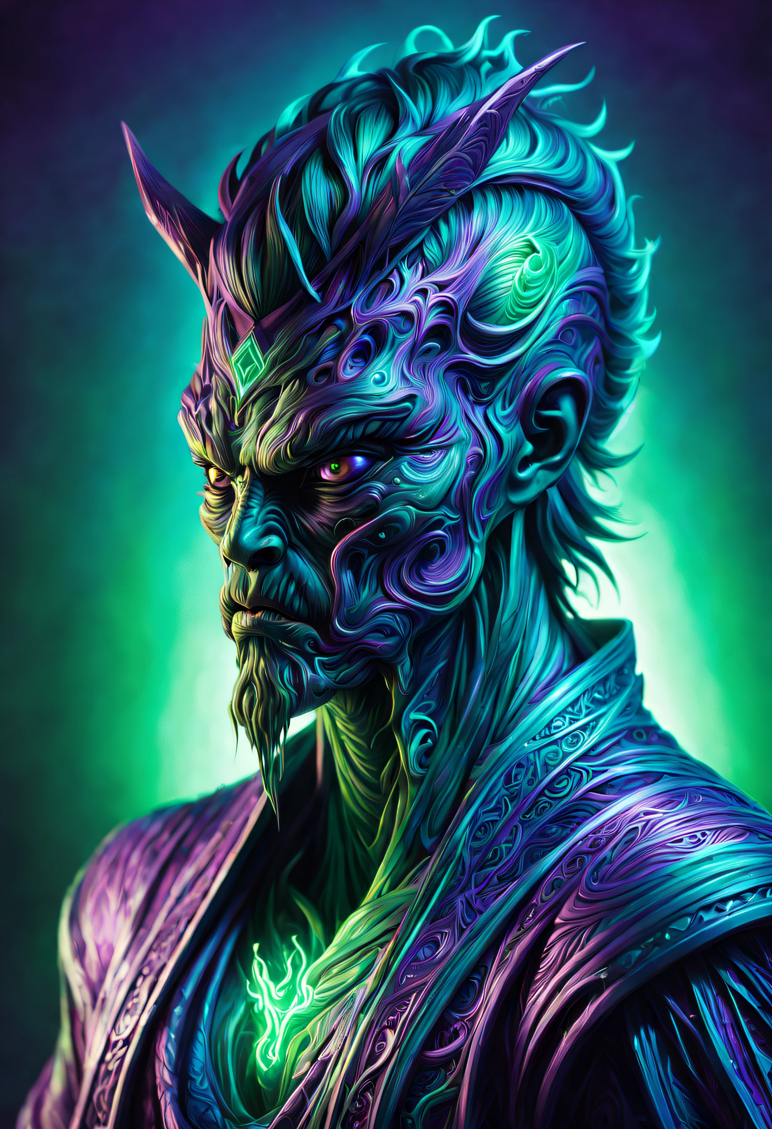 art by Marek Okon and dan mumford,  Yarn model of a large Brother, the Brother is Luminous, Samurai, elegant, Cryptidcore, anaglyph filter, neon green and purple color, alienzkin