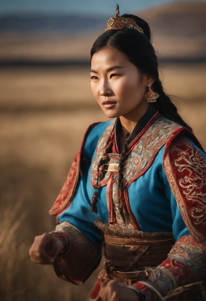 Hyper-realistic photograph of a Mongol girl engaged in a fierce battle with men, showcasing her strength and determination. She wears traditional Mongolian dress, adorned with intricate patterns and vibrant colors. The intense fight takes place in a vast, open grassland, with the rolling hills and clear blue sky in the background. Capture the dynamic movement of the combatants, emphasizing the girl's agility and skill. Utilize dramatic lighting to enhance the dramatic atmosphere. Shot with a high-end camera, such as the Canon 5D Mark IV, to ensure exquisite detail and clarity. --ar 3:2 --v 5 --q 2