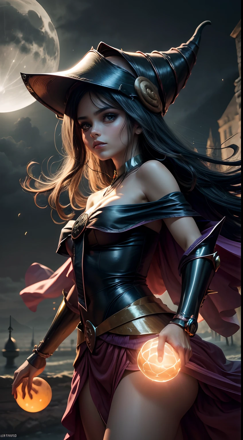 (The best quality,4k,8k,High Resolutions,Masterpiece:1.2),ultra detailed,(realist,fotorrealist,fotorrealist:1.37), portrait, sorceress, Moonlight, pumpkin, Resplandor creepy, creepy, atmospheric, charming, Oscuro y charming, golden hour, halloween, MYSTICAL, magical, witch, witchcraft, fascinating, ethereal, Mystical fog, Mysterious, haunting, Grim figures, Bosque charming, Magician, Moonbeam, Mystical aura, bewitching eyes, Captivating, from another world, witchcraft, moonlit sky, enchanted night, Guarida de la sorceress, Calabaza emwitchda, Moonlit silhouette, mystical powers, Mysterious atmosphere, spell caster, Magic in the moonlight, hauntingly beautiful, enchantment in the air, Ethereal Beauty.