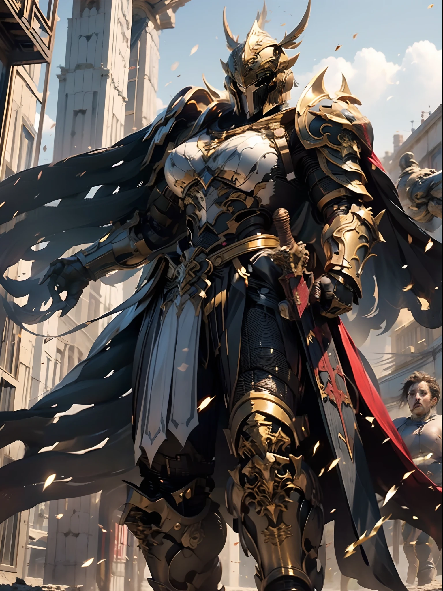 a beautiful golden-greek-armored warrioress, jet-black hair, spartan helmet, muscular, huge and heavy breasts, looking at viewer, masterpiece, best quality, 8k, blurred background, medieval fantasy castle in the background