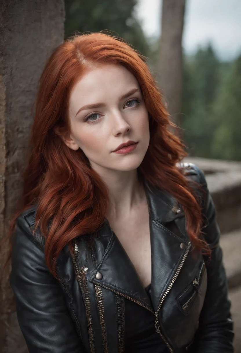 A close up of a woman with red hair wearing a leather jacket - SeaArt AI